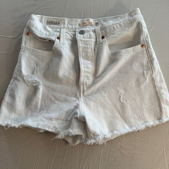 Levi‘s White Denim Distressed High Rise Ribcage Women's Shorts Size 27 - Picture 4 of 11